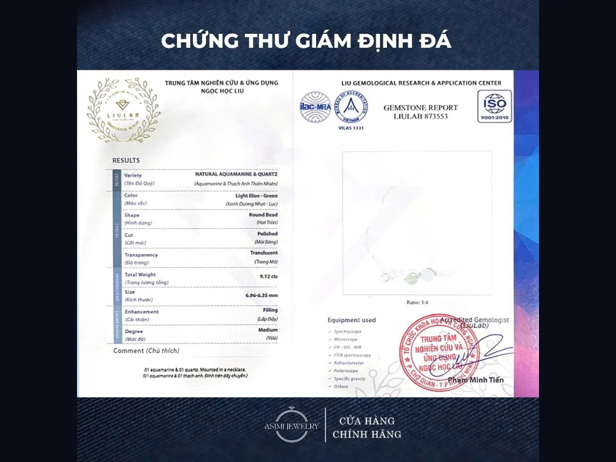 Chứng thư giám định đá LIULAB cho dây chuyền bạc Asimi DC75