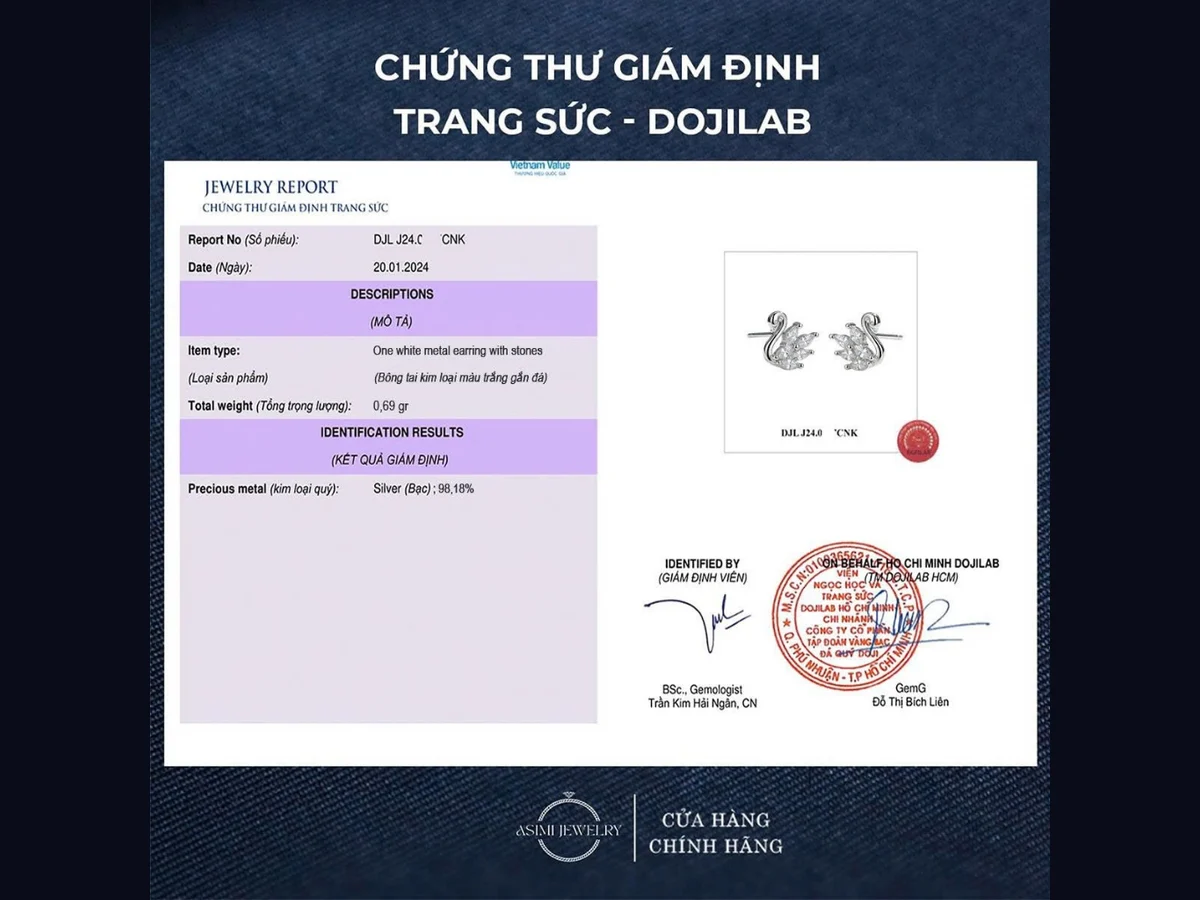 Chứng thư giám định trang sức DOJILAB cho bông tai bạc Asimi KT36
