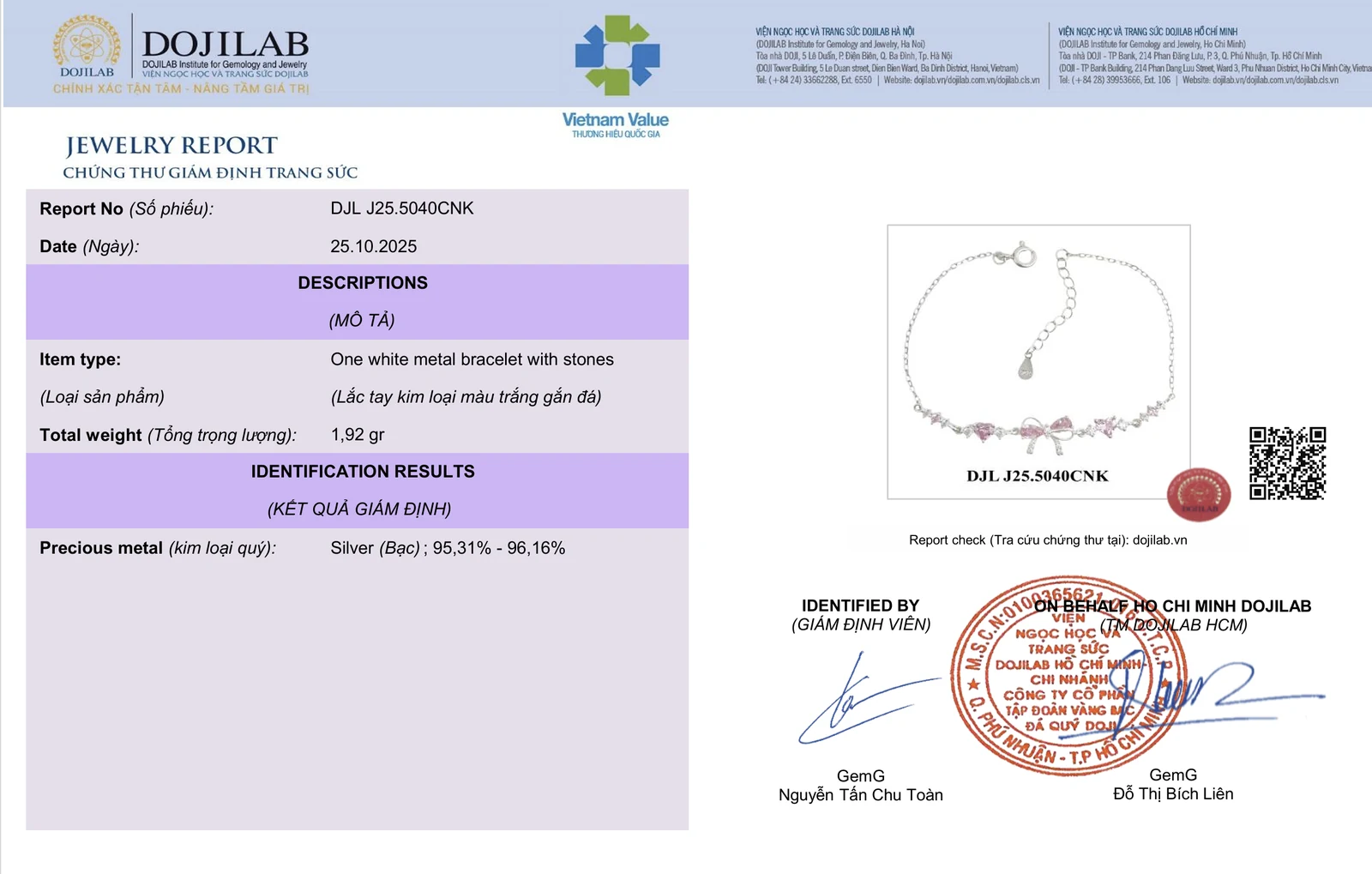Giấy kiểm định bạc S925 DOJILAB của trang sức Asimi (lắc tay LT43)