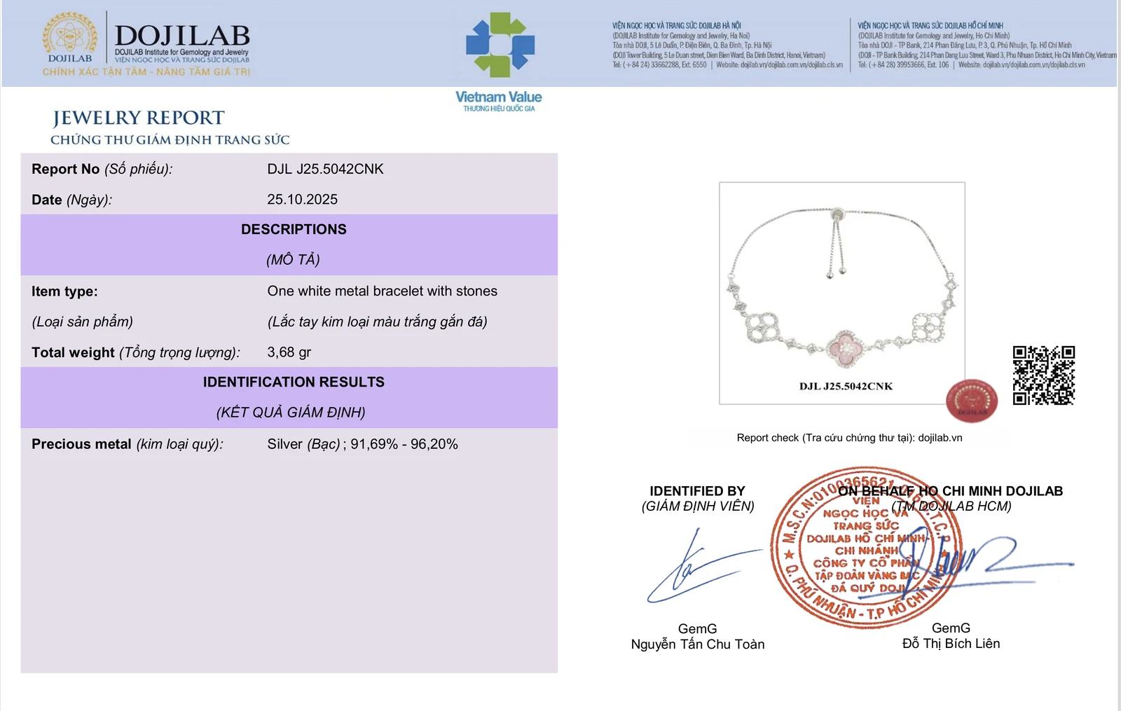 Chứng thư kiểm định DOJILAB cho lắc tay bạc Asimi — kết quả Silver 91–96%