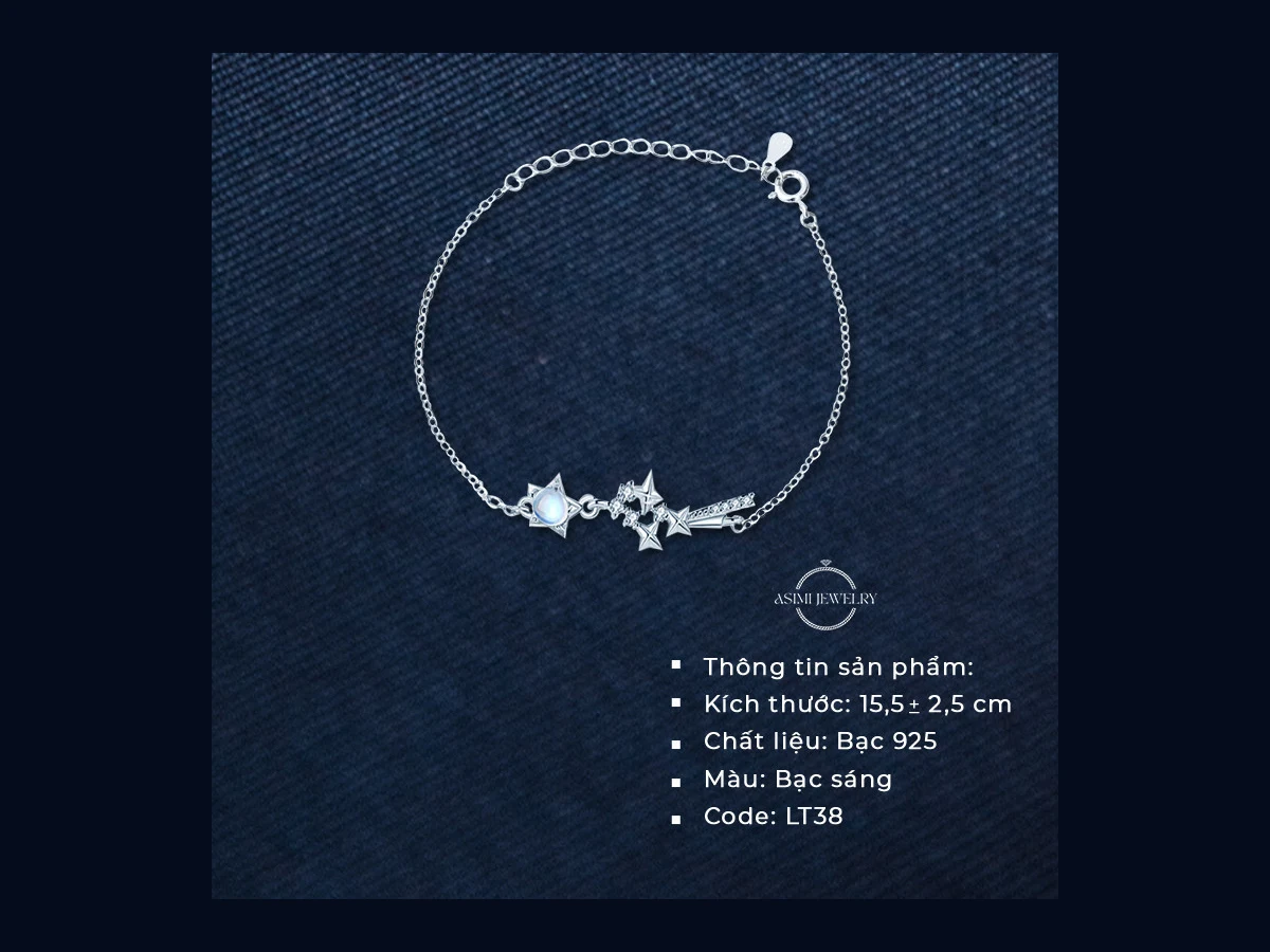 Lắc tay bạc LT38 Galaxy Start — dải đá Moonstone hình ngôi sao, dây rút 15,5 + 2,5cm