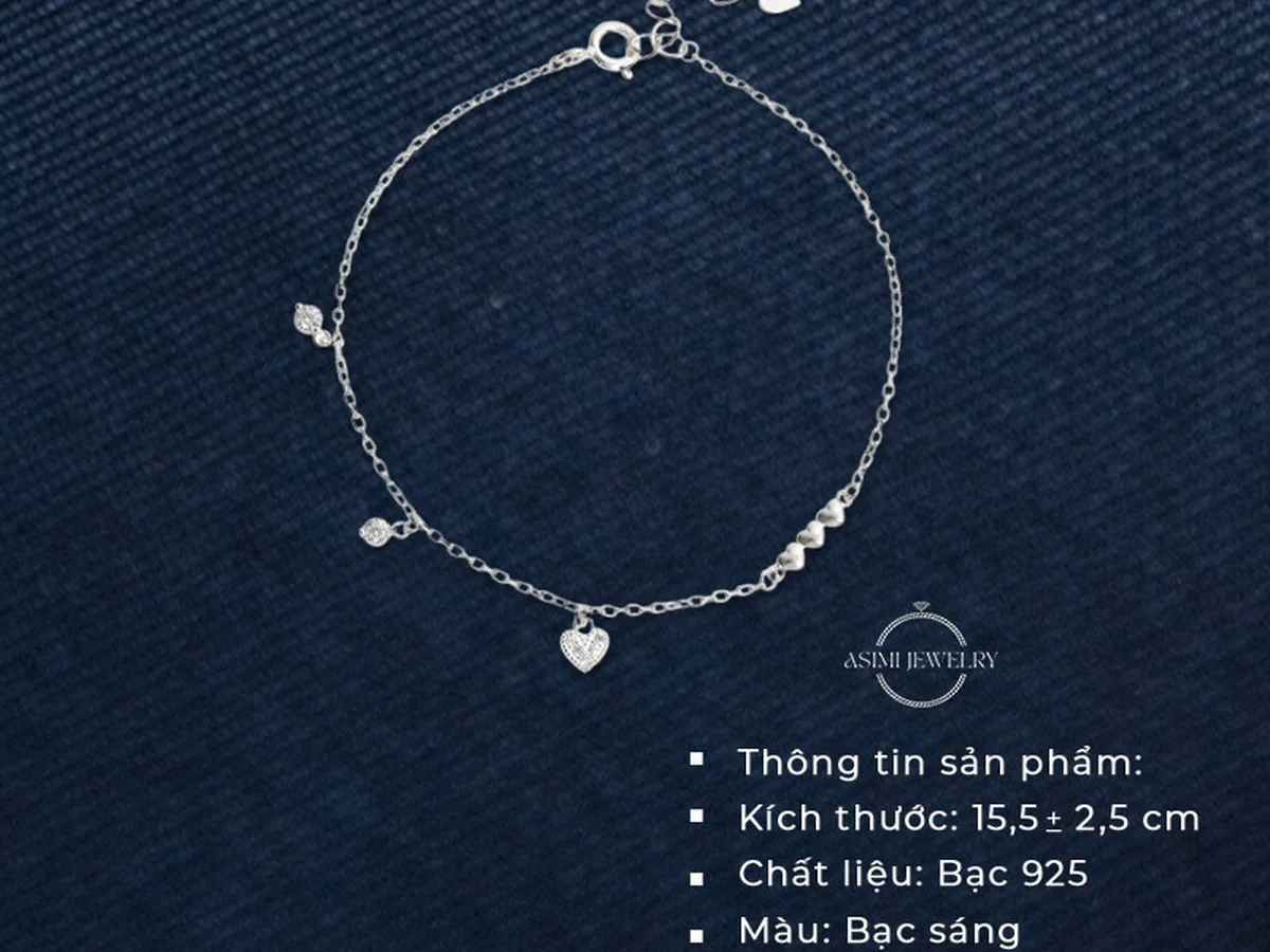 Lắc tay bạc Ý S925 Simple Heart LT24 với charm trái tim và đá CZ, thông tin kích thước 15,5 cộng 2,5 cm