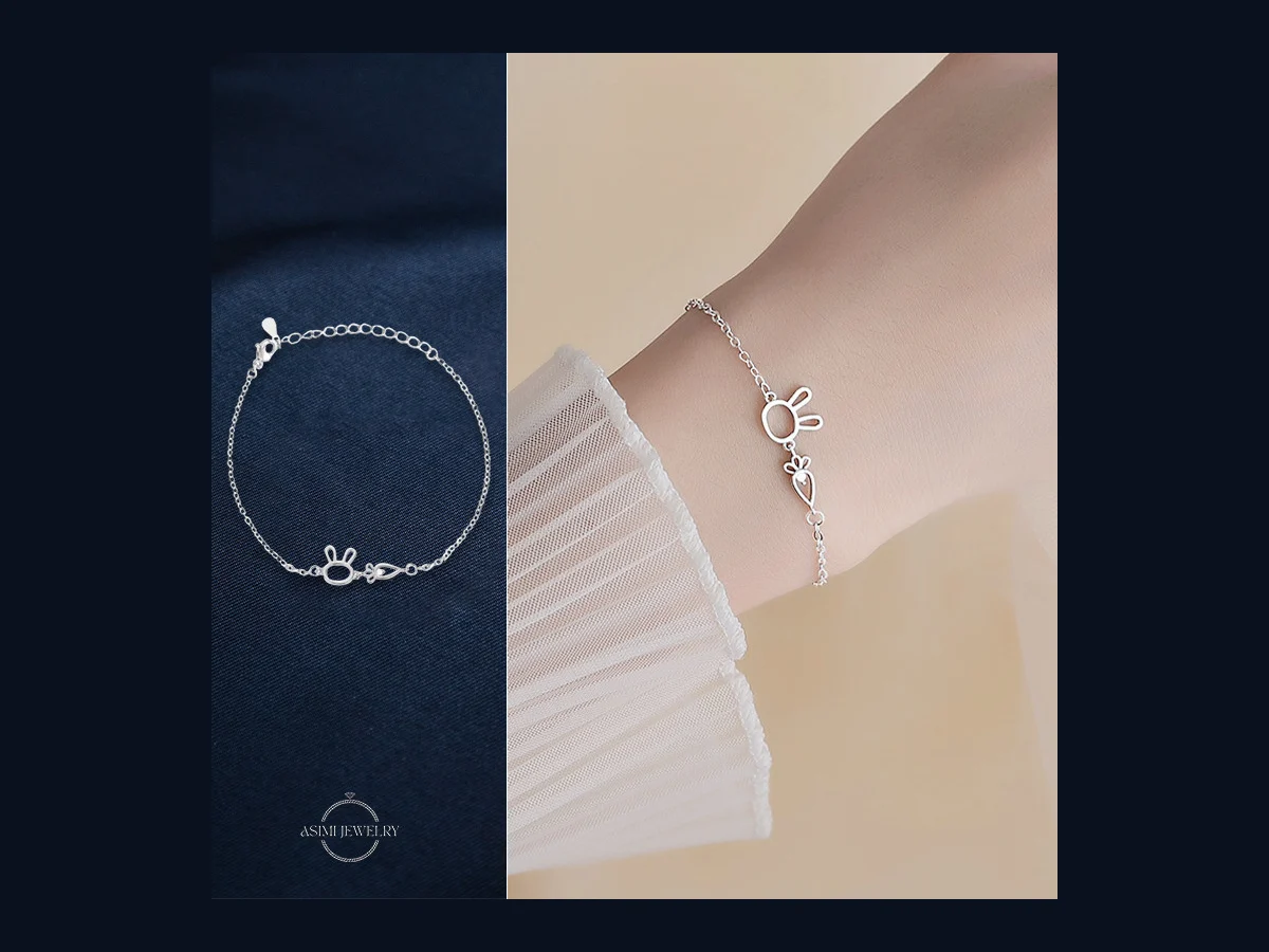 Lắc tay bạc mặt Thỏ và Cà rốt Blue Rabbit mã LT37 đeo trên cổ tay — quà 20/10 cho bạn gái tinh nghịch