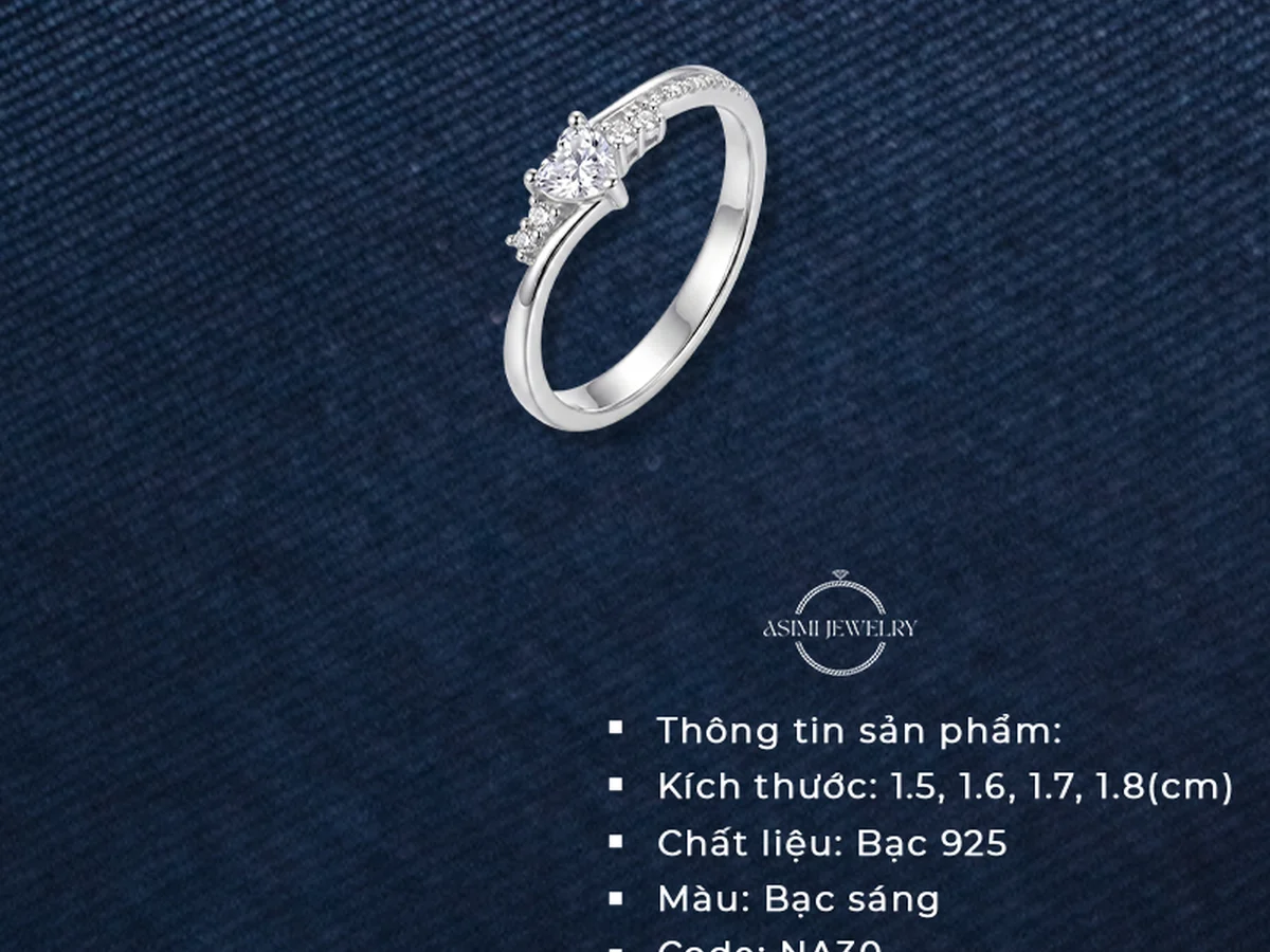 Nhẫn bạc Ý S925 Sweet Heart NA30 đính đá hình trái tim Cupid, ba cỡ nhẫn 1,5 đến 1,7 cm