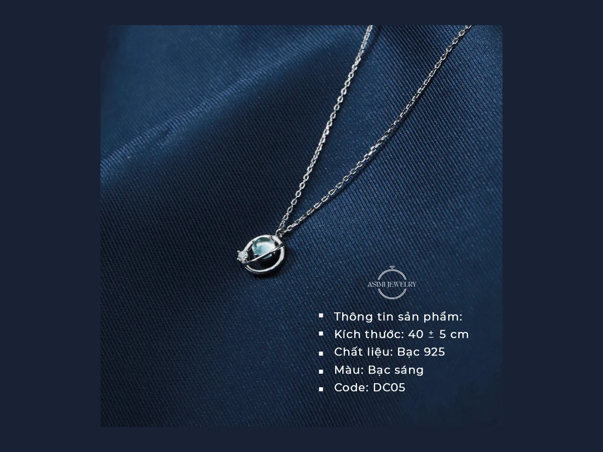 Thẻ thông tin sản phẩm dây chuyền bạc Ocean Line DC05 của Asimi, ghi rõ chất liệu Bạc 925 và kích thước 40+5cm